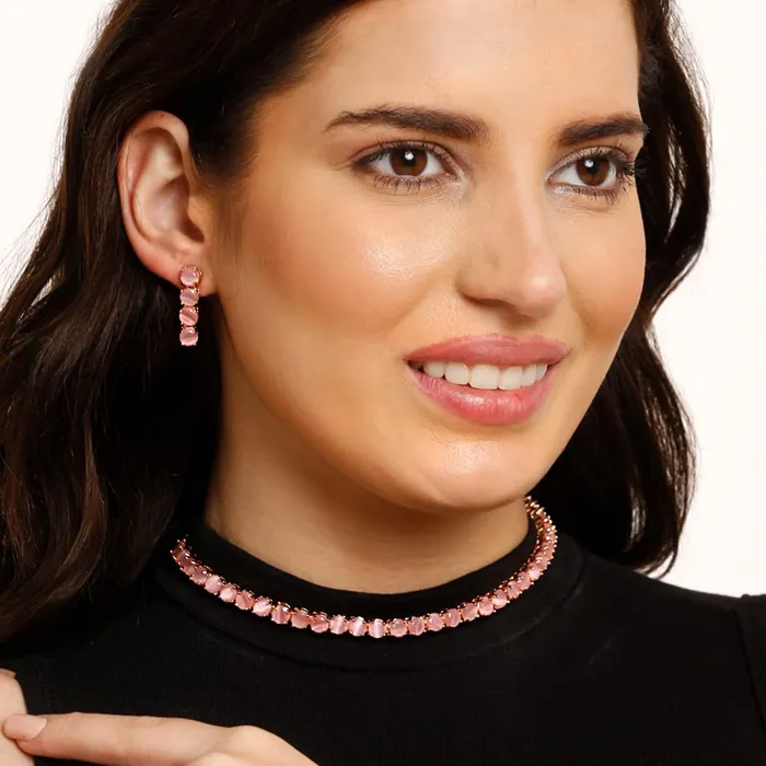 Bracelets Yellow Chimes Yellow Chimes American Diamond Pendant Set for Women Rosegold Plated High Grade Authentic Pink AD Jewellery Necklace Set for Women and Girls