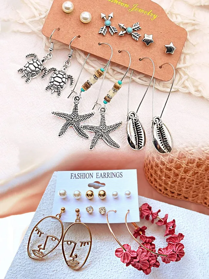 Earrings Yellow Chimes Yellow Chimes Combo of 12 Pairs Oxidised Silver Gold Plated Tortoise Starfish Pearl Face Flower Design Drop Stud Earrings Set for Women and Girls Gold Silver Medium