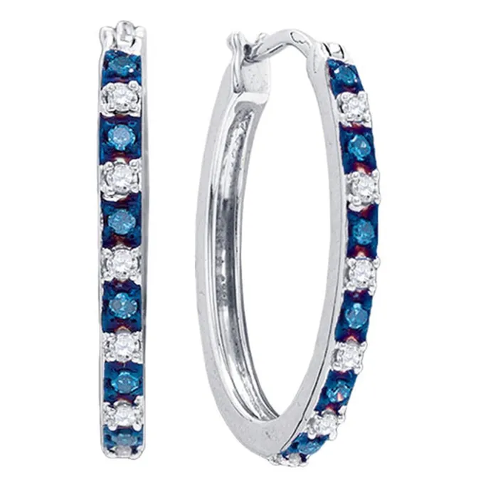 Earrings mayamila Sterling Silver Womens Round Blue Color Enhanced Diamond Hoop Earrings 14 Cttw Earrings mayamila Sterling Silver Womens Round Blue Color Enhanced Diamond Hoop Earrings 14 Cttw