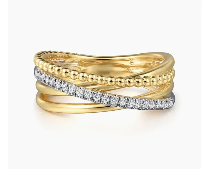 Gabriel Co14K White and Yellow Gold Diamond Criss Cross Bujukan Ladies Ring LR52551M45JJ GABRIEL CO Rings Gabriel Co14K White and Yellow Gold Diamond Criss Cross Bujukan Ladies Ring LR52551M45JJ GABRIEL CO Rings