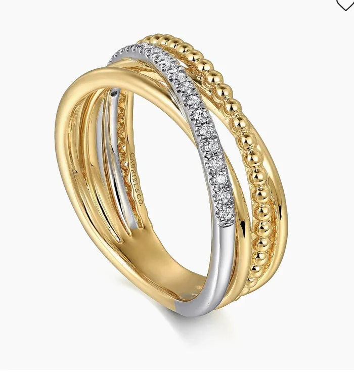 Gabriel Co14K White and Yellow Gold Diamond Criss Cross Bujukan Ladies Ring LR52551M45JJ GABRIEL CO Rings
