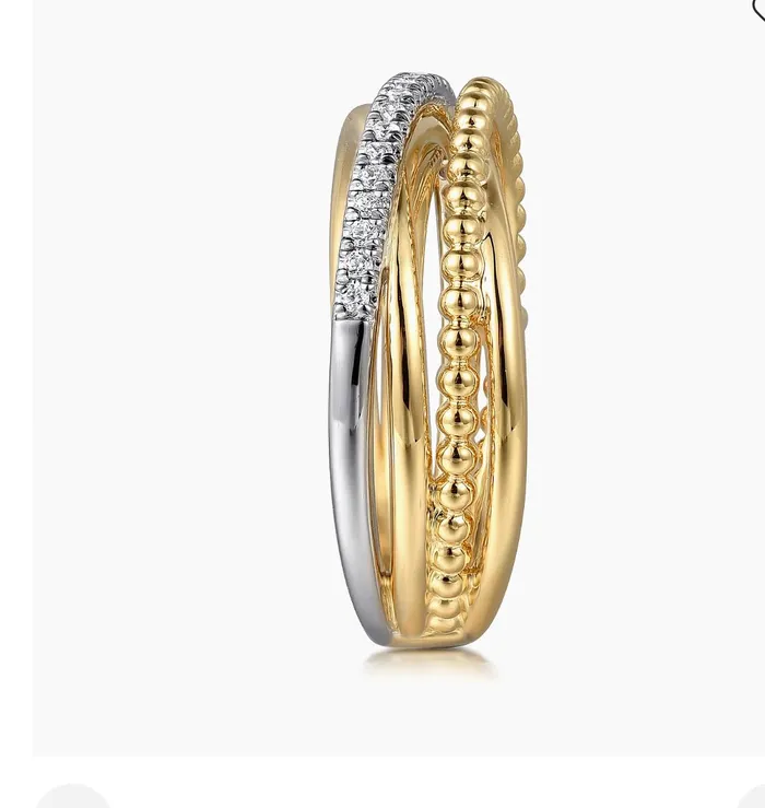 Gabriel Co14K White and Yellow Gold Diamond Criss Cross Bujukan Ladies Ring LR52551M45JJ GABRIEL CO Rings