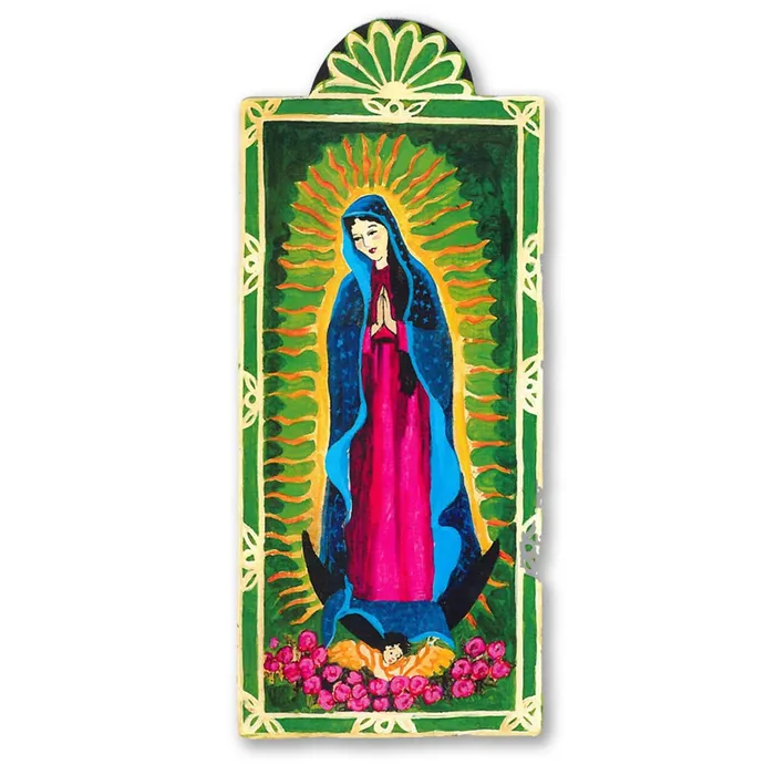 Lynn Garlick Retablos Nuestra Senora de Guadalupe B Suffering and Compassion Wooden Pocket Plaque Earrings