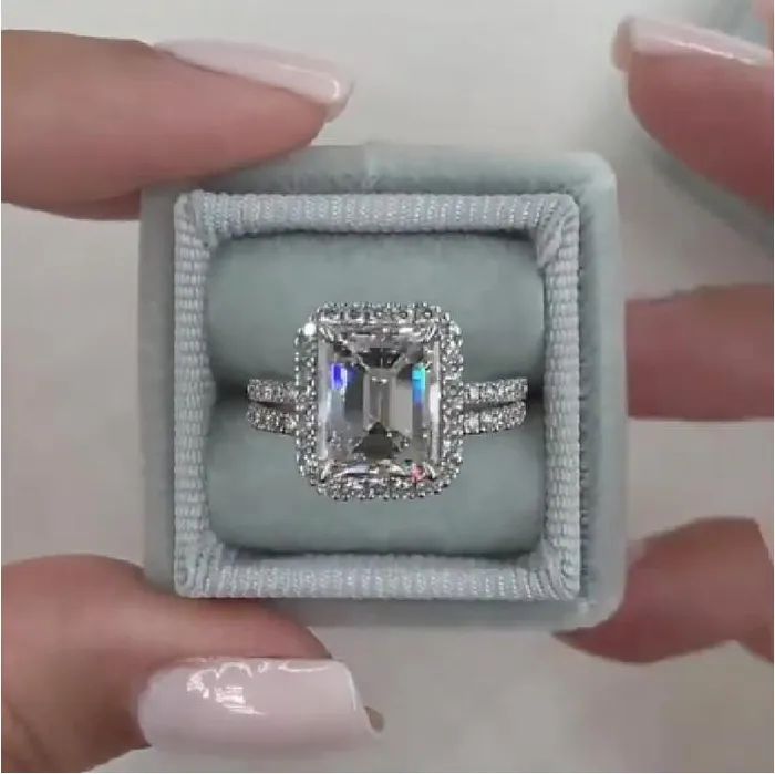 shineofdiamond Rings Halo Emerald Cut Sterling Silver Bridal Set with Side Stone Band