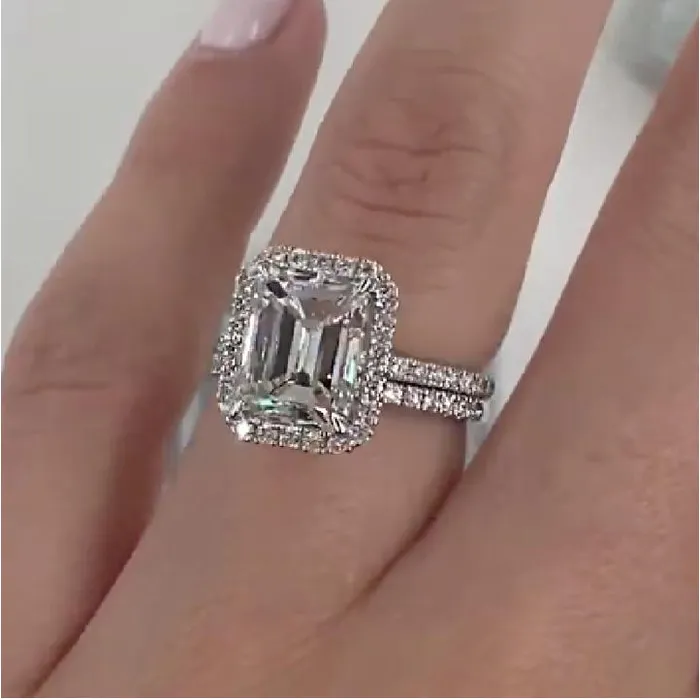 shineofdiamond Rings Halo Emerald Cut Sterling Silver Bridal Set with Side Stone Band shineofdiamond Rings Halo Emerald Cut Sterling Silver Bridal Set with Side Stone Band