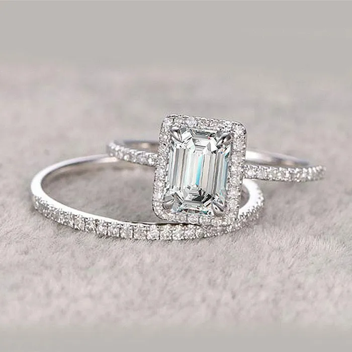 shineofdiamond Rings Halo Emerald Cut Sterling Silver Bridal Set with Side Stone Band shineofdiamond Rings Halo Emerald Cut Sterling Silver Bridal Set with Side Stone Band