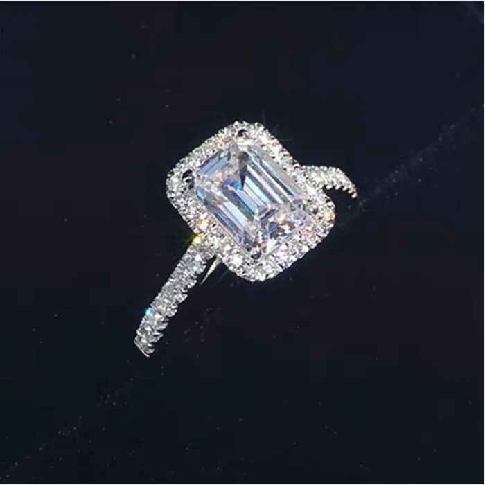 shineofdiamond Rings Halo Emerald Cut Sterling Silver Bridal Set with Side Stone Band shineofdiamond Rings Halo Emerald Cut Sterling Silver Bridal Set with Side Stone Band