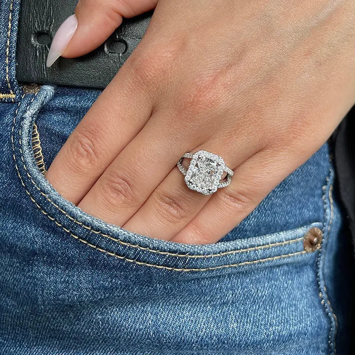 Split Shank Halo Radiant Cut Engagement Ring In Sterling Silver Shineofdiamond Rings