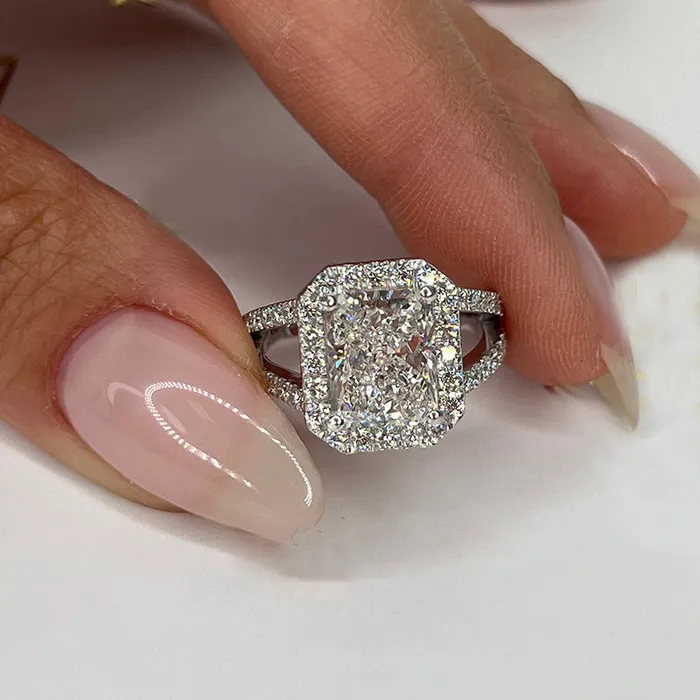 Split Shank Halo Radiant Cut Engagement Ring In Sterling Silver Shineofdiamond Rings