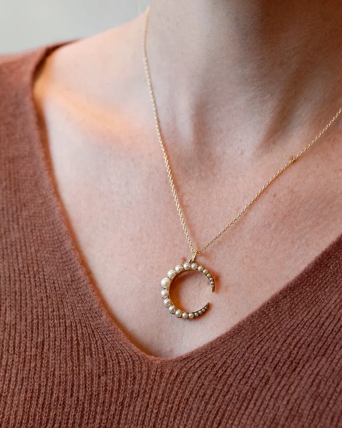 Bell Bird Antiques Necklaces Victorian era pearl crescent Moon Pendant