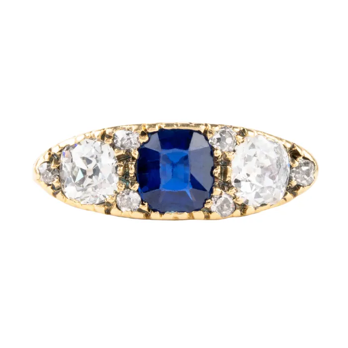 Bell Bird Victorian era sapphire and diamond three stone ring Rings