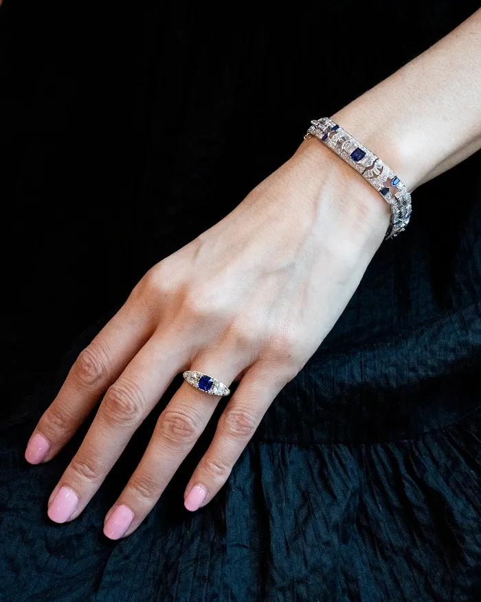 Bell Bird Victorian era sapphire and diamond three stone ring Rings