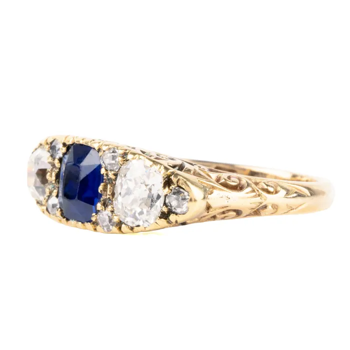 Bell Bird Victorian era sapphire and diamond three stone ring Rings