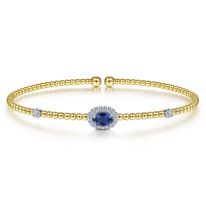 Bracelets GABRIEL CO 14K WhiteYellow Gold Bujukan Bead Cuff Bracelet with Sapphire and Diamond Halo Station Bracelets GABRIEL CO 14K WhiteYellow Gold Bujukan Bead Cuff Bracelet with Sapphire and Diamond Halo Station