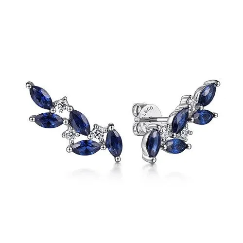 Earrings GABRIEL CO 14K White Gold Diamond and Blue Sapphire Olive Branch Climber Earrings Earrings GABRIEL CO 14K White Gold Diamond and Blue Sapphire Olive Branch Climber Earrings