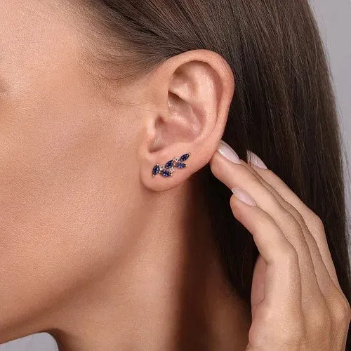 Earrings GABRIEL CO 14K White Gold Diamond and Blue Sapphire Olive Branch Climber Earrings Earrings GABRIEL CO 14K White Gold Diamond and Blue Sapphire Olive Branch Climber Earrings