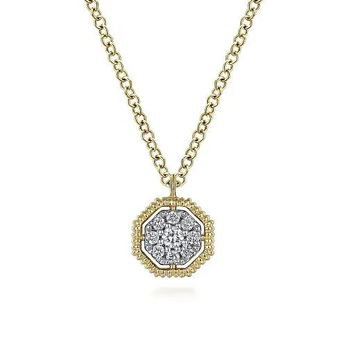 GABRIEL CO Necklaces 14K Yellow Gold Octagonal Pave Diamond Pendant Necklace