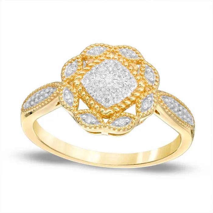 013 CT TW Composite Natural Diamond Flower Antique VintageStyle Ring in Solid 10K Yellow Gold Goldia Rings 013 CT TW Composite Natural Diamond Flower Antique VintageStyle Ring in Solid 10K Yellow Gold Goldia Rings