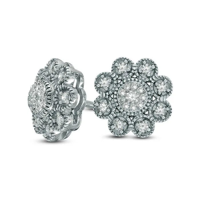 02 CT TW Diamond Flower VintageStyle Stud Earrings in 10K White Gold Goldia Earrings 02 CT TW Diamond Flower VintageStyle Stud Earrings in 10K White Gold Goldia Earrings