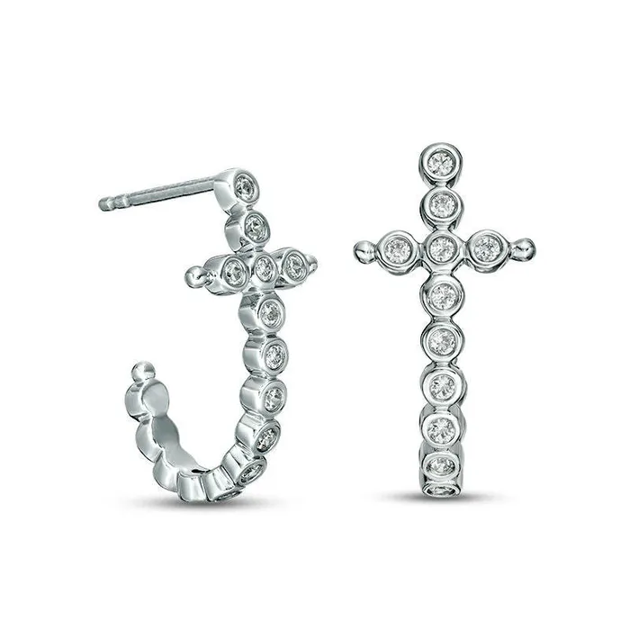 025 CT TW Diamond BezelSet Cross JHoop Earrings in Sterling Silver Goldia Earrings