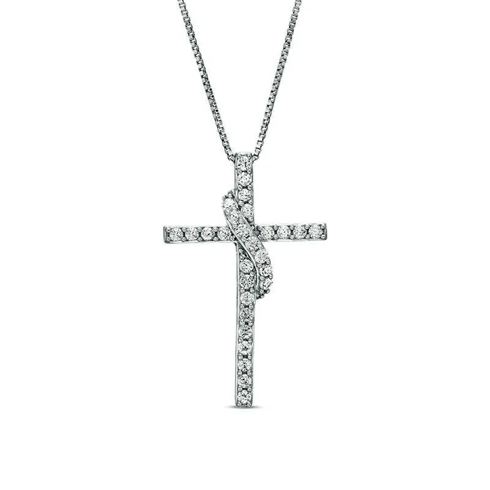 05 CT TW Natural Diamond Cross with Sash Pendant in 10K White Gold Goldia Necklaces 05 CT TW Natural Diamond Cross with Sash Pendant in 10K White Gold Goldia Necklaces