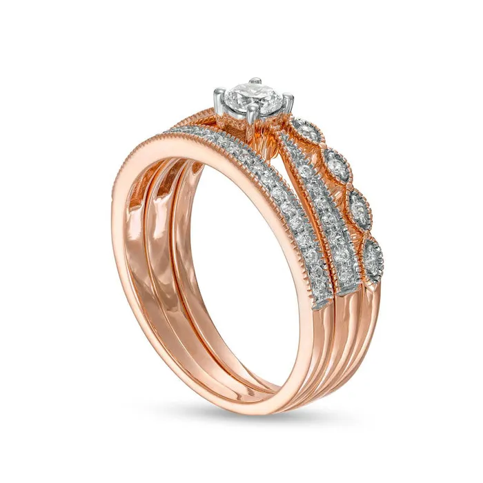 050 CT TW Natural Diamond Antique VintageStyle Three Piece Bridal Engagement Ring Set in Solid 10K Rose Gold JI3 Goldia Rings 050 CT TW Natural Diamond Antique VintageStyle Three Piece Bridal Engagement Ring Set in Solid 10K Rose Gold JI3 Goldia Rings
