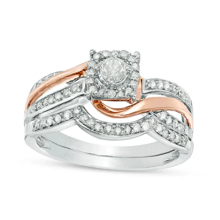 050 CT TW Natural Diamond Square Frame Bypass Bridal Engagement Ring Set in Solid 10K TwoTone Gold Goldia Rings 050 CT TW Natural Diamond Square Frame Bypass Bridal Engagement Ring Set in Solid 10K TwoTone Gold Goldia Rings