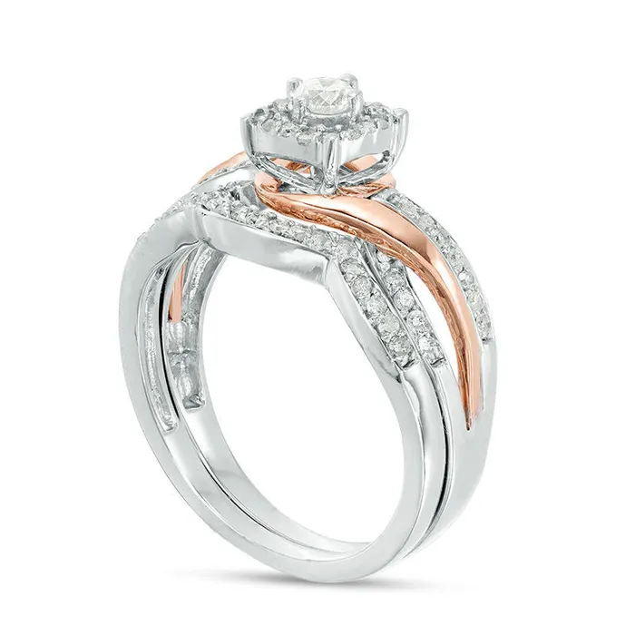 050 CT TW Natural Diamond Square Frame Bypass Bridal Engagement Ring Set in Solid 10K TwoTone Gold Goldia Rings 050 CT TW Natural Diamond Square Frame Bypass Bridal Engagement Ring Set in Solid 10K TwoTone Gold Goldia Rings