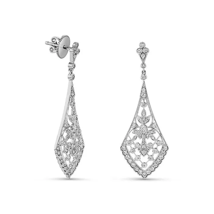 088 CT TW Diamond Ornate Drop Earring in 18K White Gold Goldia Earrings 088 CT TW Diamond Ornate Drop Earring in 18K White Gold Goldia Earrings