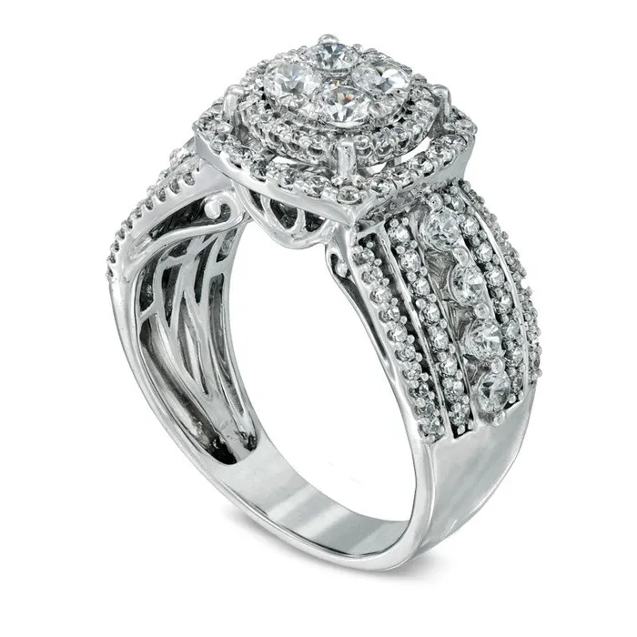 15 CT TW Natural Diamond Layered Framed Cluster Ring in Solid 10K White Gold Goldia Rings 15 CT TW Natural Diamond Layered Framed Cluster Ring in Solid 10K White Gold Goldia Rings
