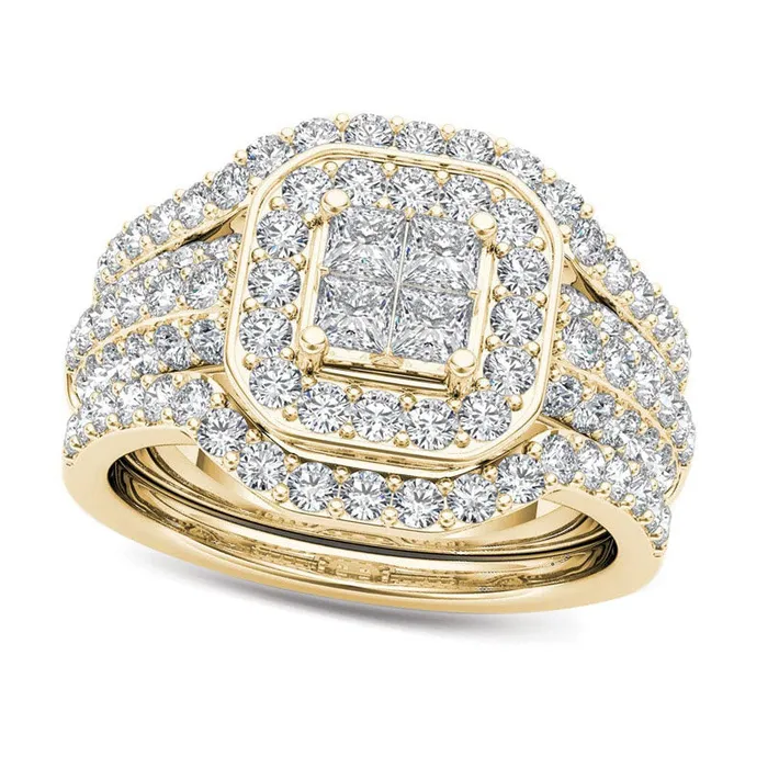 175 CT TW Quad PrincessCut Natural Diamond Frame Three Piece Bridal Engagement Ring Set in Solid 14K Gold Goldia Rings 175 CT TW Quad PrincessCut Natural Diamond Frame Three Piece Bridal Engagement Ring Set in Solid 14K Gold Goldia Rings
