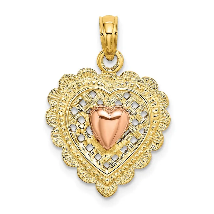 14k Twotone Gold Rose and Yellow Gold Polished Heart On Textured Heart Charm Goldia Rings 14k Twotone Gold Rose and Yellow Gold Polished Heart On Textured Heart Charm Goldia Rings