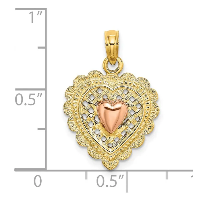 14k Twotone Gold Rose and Yellow Gold Polished Heart On Textured Heart Charm Goldia Rings