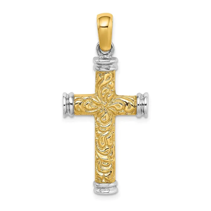 14k Twotone Gold wRhodium Scroll and Double Endcaps Cross Charm Goldia Rings 14k Twotone Gold wRhodium Scroll and Double Endcaps Cross Charm Goldia Rings