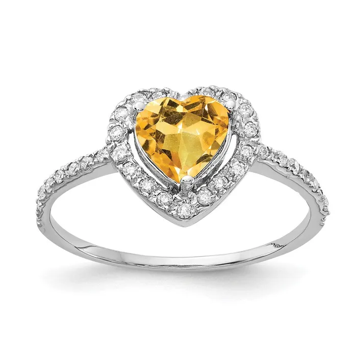 14k White Gold 6mm Heart Citrine VS Real Diamond ring Goldiacom Rings