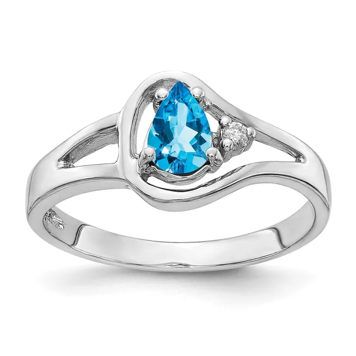 14k White Gold 6x4mm Pear Blue Topaz Checker VS Real Diamond ring Goldiacom Rings