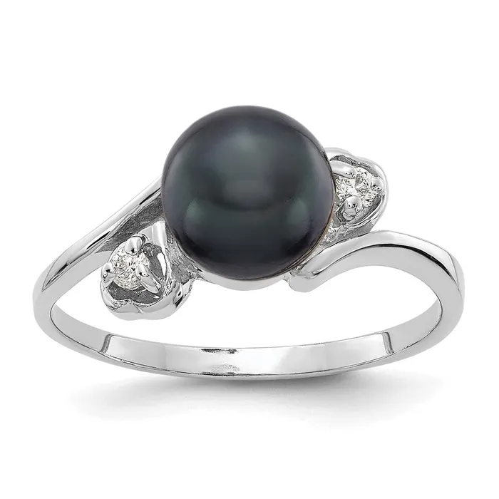 14k White Gold 7mm Black FW Cultured Pearl A Diamond ring Goldia Rings