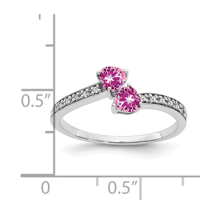 14k White Gold Created Pink Sapphire and Real Diamond 2stone Heart Ring Goldia Rings