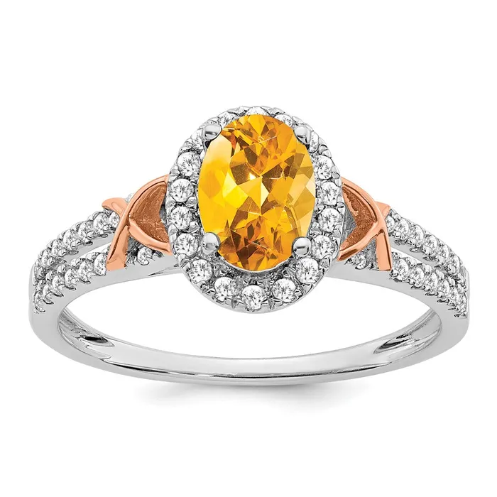 14k White Gold wRG Accent Citrine and Real Diamond Halo Ring Goldia Rings