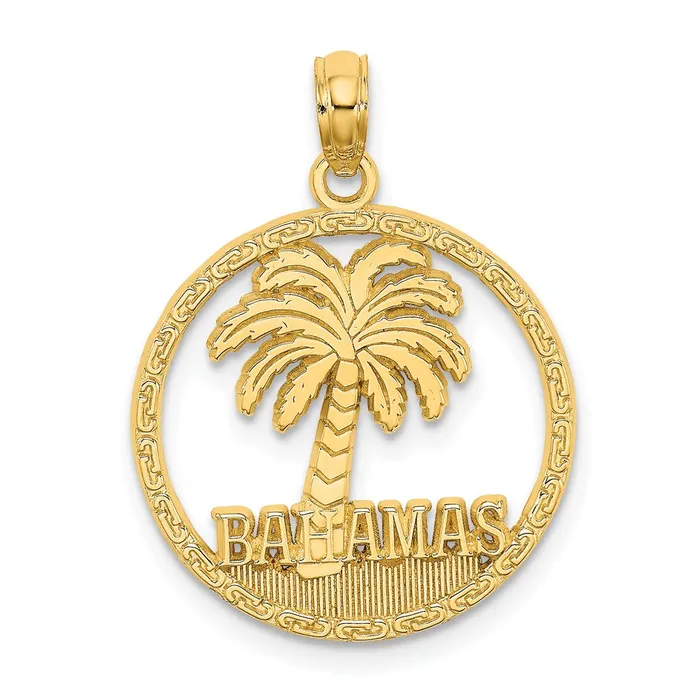 14k Yellow Gold BAHAMAS Palm Tree Round Charm Goldia Charm Necklaces