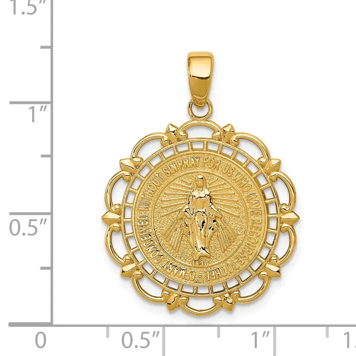 14k Yellow Gold Polished Miraculous Medal With Scallop Frame Pendant Goldia Necklaces