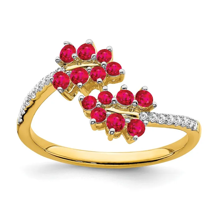 14K Yellow Gold Ruby and Real Diamond Leaves Bypass Ring Goldia Rings