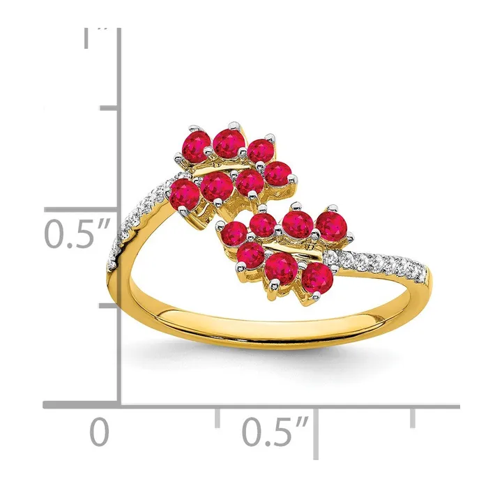 14K Yellow Gold Ruby and Real Diamond Leaves Bypass Ring Goldia Rings