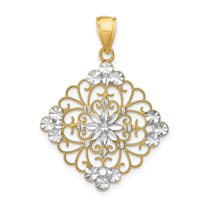 14k Yellow Rhodium Gold wRhodium DC Filigree Medallion Charm Goldia Charm Necklaces 14k Yellow Rhodium Gold wRhodium DC Filigree Medallion Charm Goldia Charm Necklaces