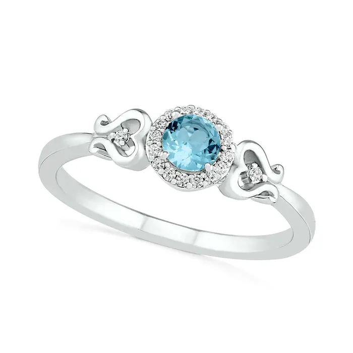 40mm Aquamarine and 005 CT TW Natural Diamond Frame Filigree HeartSides Ring in Sterling Silver Goldia Rings 40mm Aquamarine and 005 CT TW Natural Diamond Frame Filigree HeartSides Ring in Sterling Silver Goldia Rings