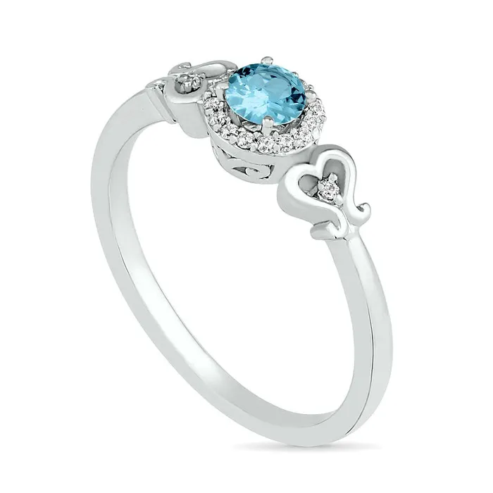 40mm Aquamarine and 005 CT TW Natural Diamond Frame Filigree HeartSides Ring in Sterling Silver Goldia Rings 40mm Aquamarine and 005 CT TW Natural Diamond Frame Filigree HeartSides Ring in Sterling Silver Goldia Rings