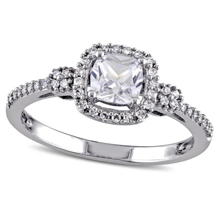 50mm CushionCut LabCreated White Sapphire and 017 CT TW Diamond Frame Ring in Solid 10K White Gold Goldia Rings 50mm CushionCut LabCreated White Sapphire and 017 CT TW Diamond Frame Ring in Solid 10K White Gold Goldia Rings