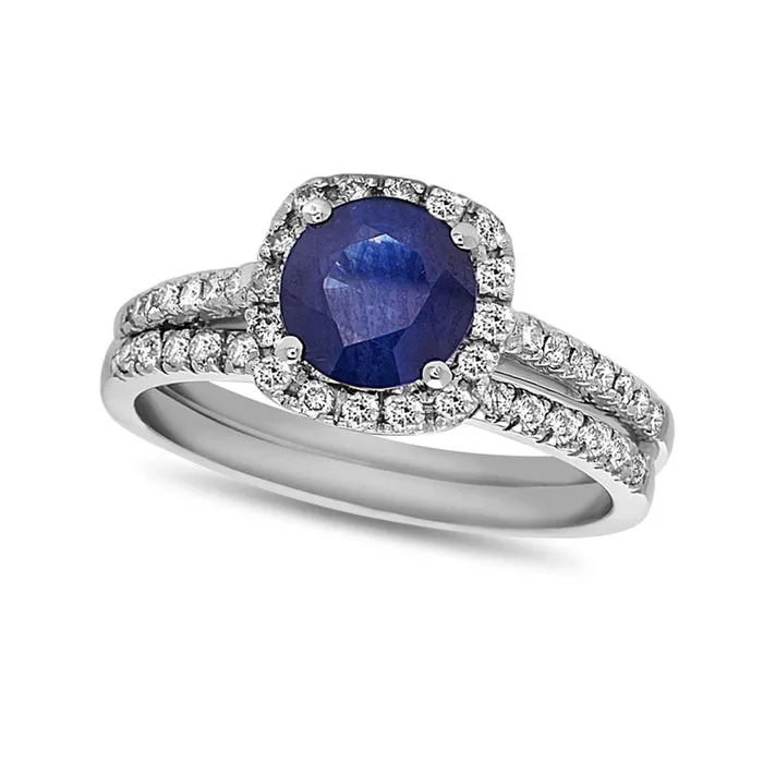 60mm Blue Sapphire and 038 CT TW Natural Diamond Cushion Frame Bridal Engagement Ring Set in Solid 14K White Gold Goldia Rings 60mm Blue Sapphire and 038 CT TW Natural Diamond Cushion Frame Bridal Engagement Ring Set in Solid 14K White Gold Goldia Rings