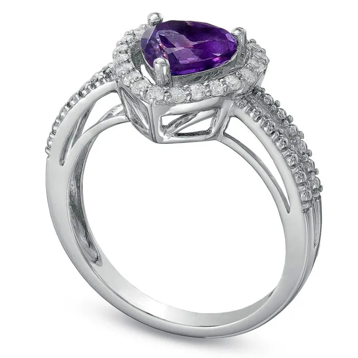 70mm HeartShaped Amethyst and LabCreated White Sapphire Heart Frame Ring in Sterling Silver Goldia Rings 70mm HeartShaped Amethyst and LabCreated White Sapphire Heart Frame Ring in Sterling Silver Goldia Rings