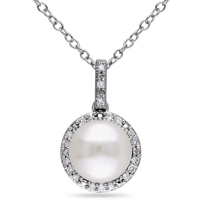 80 85mm Button Cultured Freshwater Pearl and 01 CT TW Natural Diamond Frame Pendant in Sterling Silver Goldia Necklaces 80 85mm Button Cultured Freshwater Pearl and 01 CT TW Natural Diamond Frame Pendant in Sterling Silver Goldia Necklaces